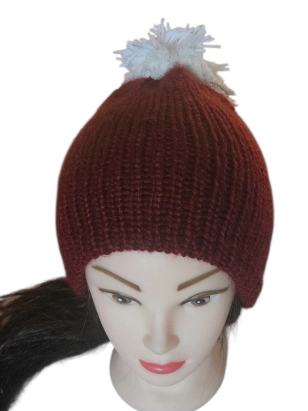 Handmade Burgundy White Santa Hat Kids Crochet Pom Pom Holiday Christmas Gift 8"